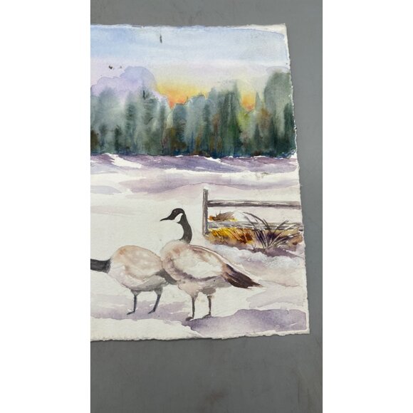Handcrafted Watercolor Painting Of Winter Scenery With Geese landscape READ - Picture 2 of 5
